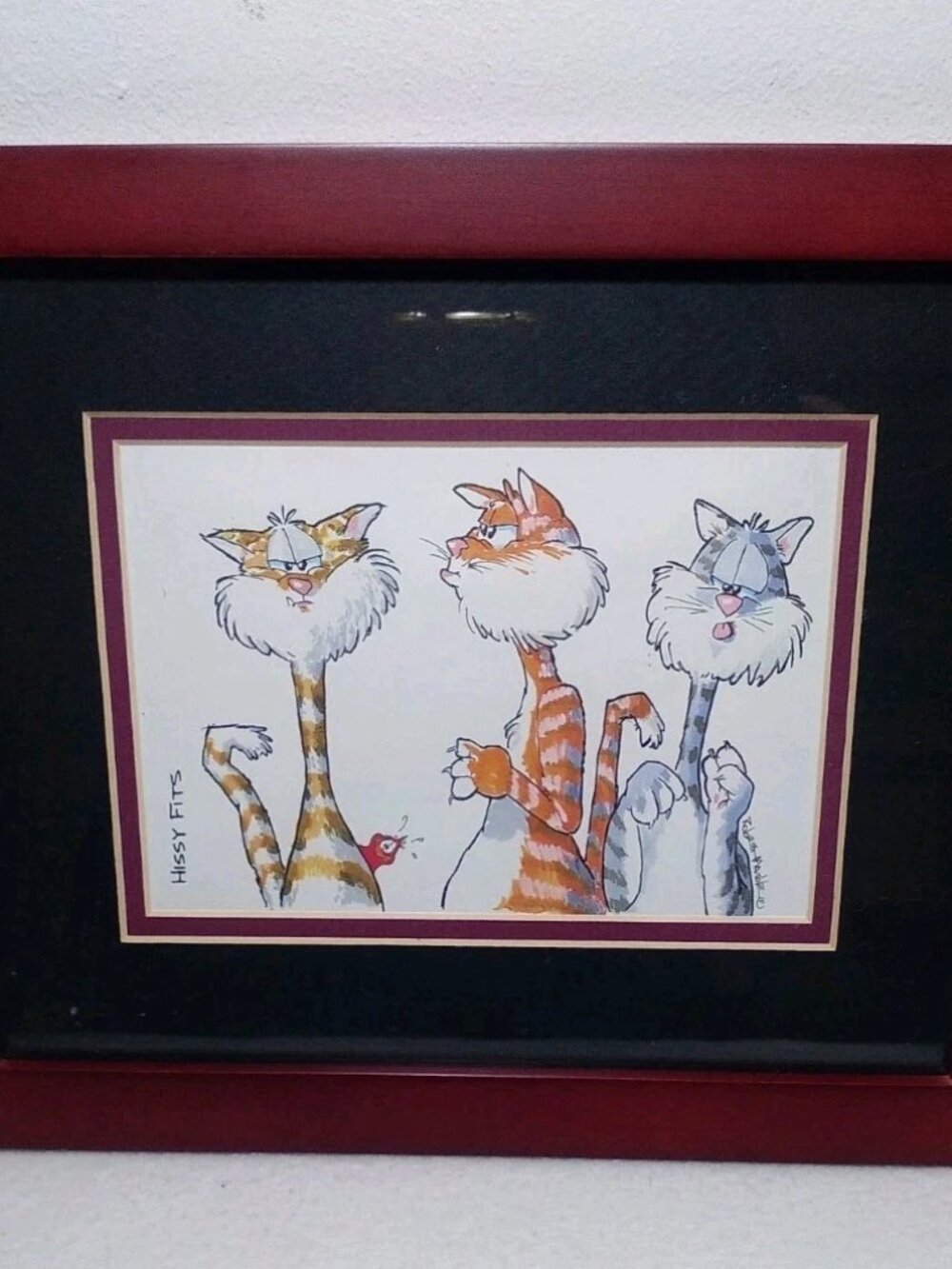 Robert Marble Lithograph Framed Print "HISSY FITS" CATS 5"x7" W 9.5x11.5 Frame